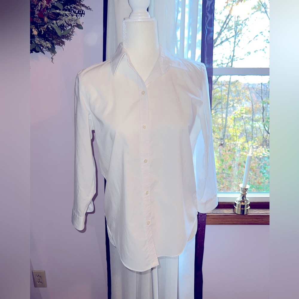 Lauren Ralph Lauren White Non-Iron 3/4 Sleeve Button Down Shirt Small